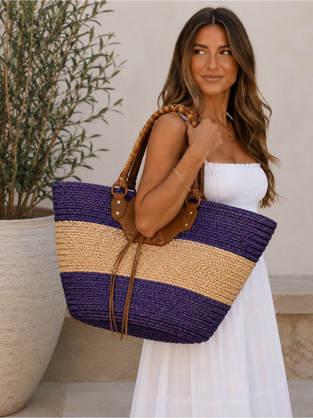 Bay Sky Purple Colorblock Straw Tote Beach Bag Boho Coastal Summer Market Tote